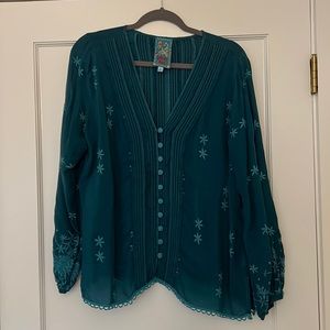 Johnny Was teal blouse size M